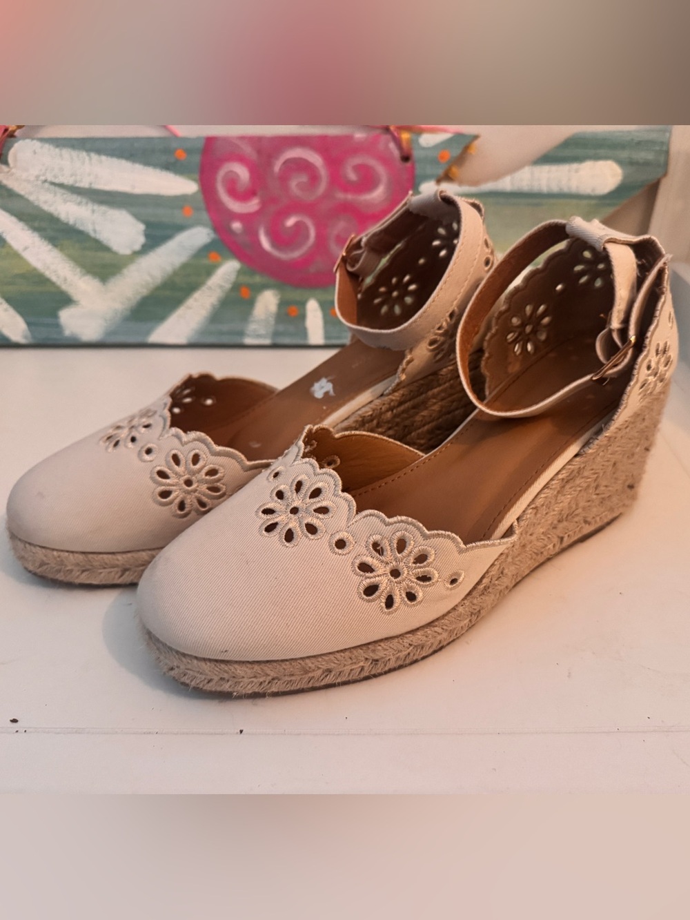 Forever 21 Cream Floral Cutout Espadrille Wedge